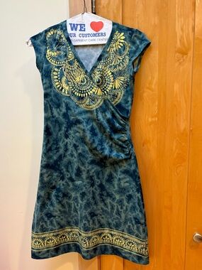 Athleta Teal Green Midi Dress with Golden Print